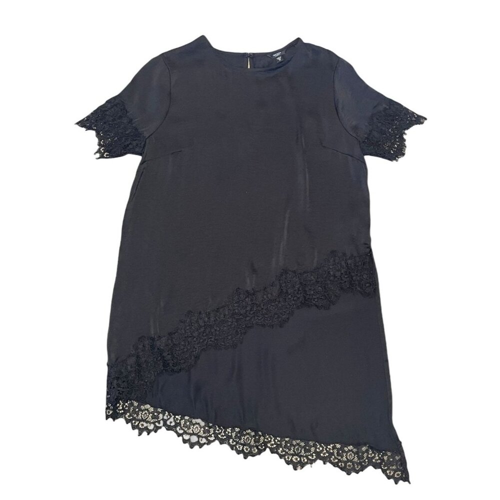 Guess Black Satin Asymmetrical hem tunic Top Lace Trim XS Y2K‎